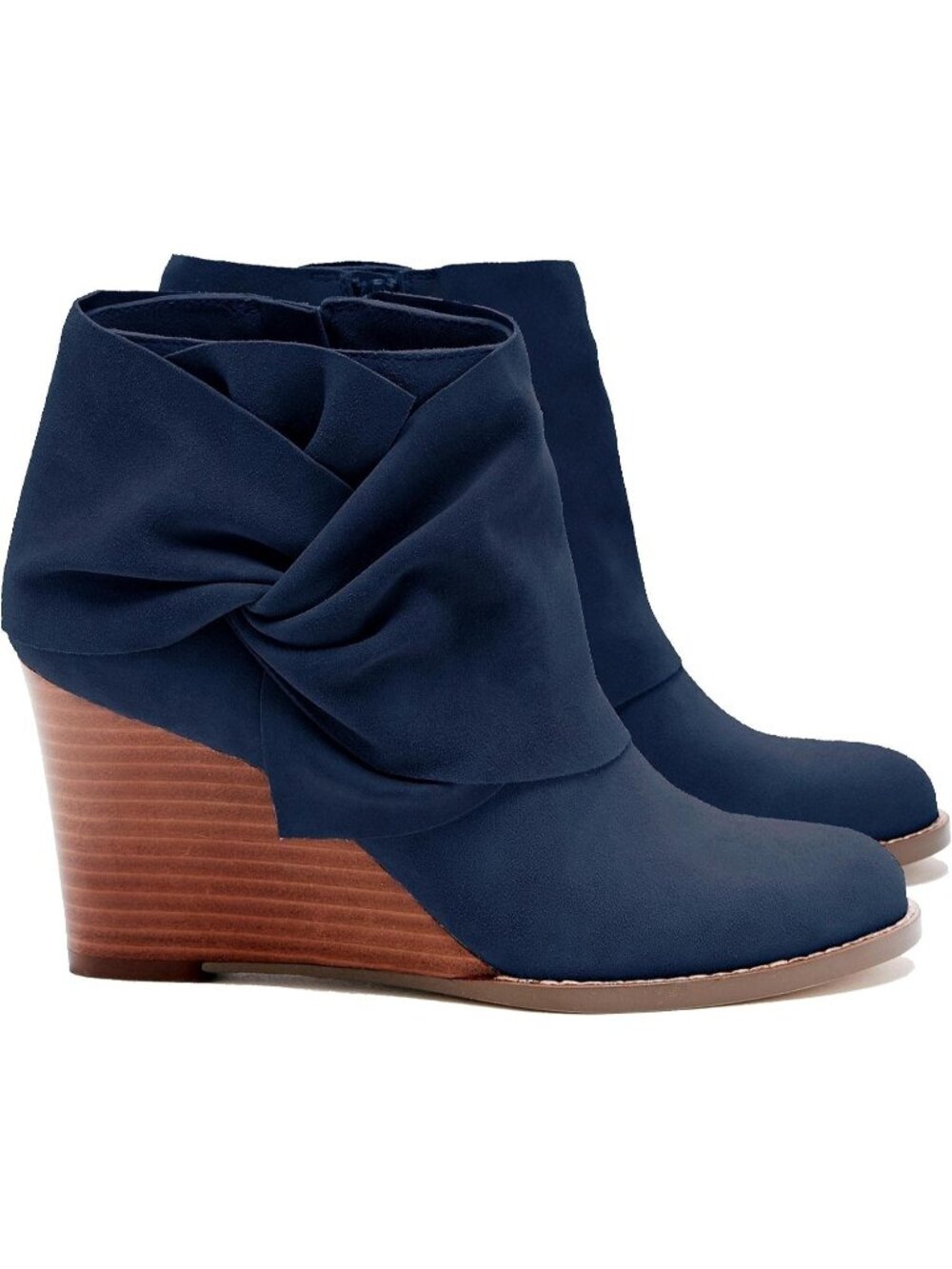Women's Navy Faux Suede Bow Knot Stacked Wedge Dress Western Ankle Heels Boots